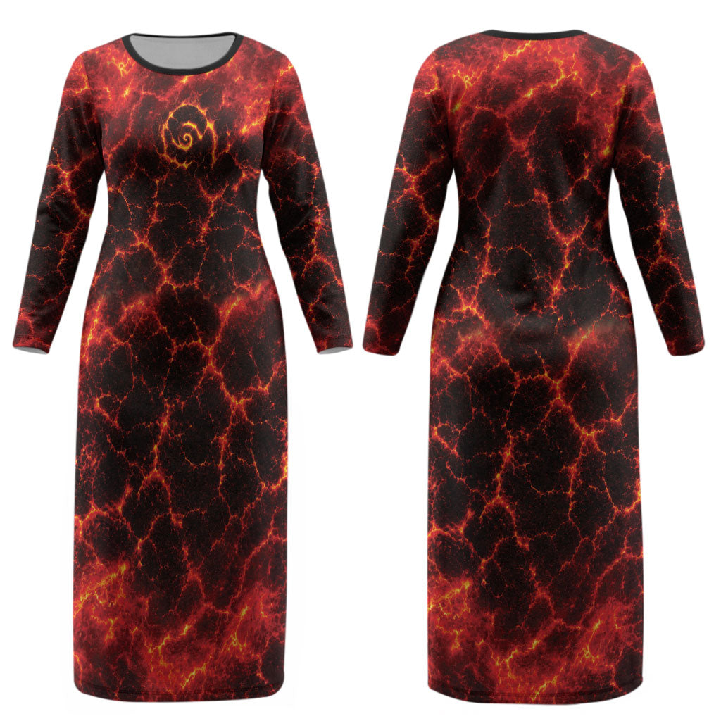 Lava Monster Costume Couples Matching Long Sleeve Bodycon Dress and Long Sleeve Button Shirt Fiery Lava Spiral
