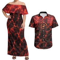 Lava Monster Costume Couples Matching Off Shoulder Maxi Dress and Hawaiian Shirt Fiery Lava Spiral