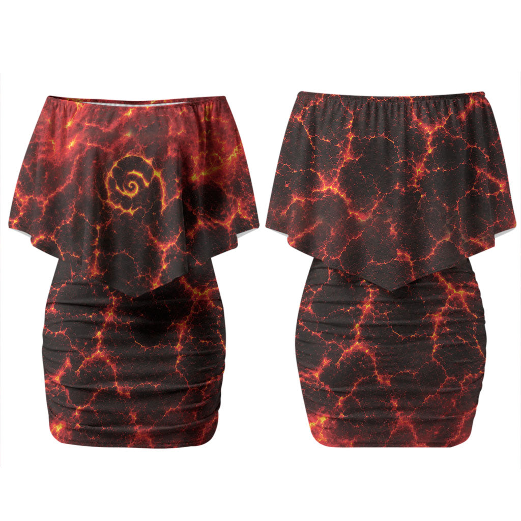 Lava Monster Costume Couples Matching Off Shoulder Short Dress and Hawaiian Shirt Fiery Lava Spiral