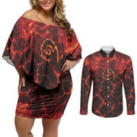 Lava Monster Costume Couples Matching Off Shoulder Short Dress and Long Sleeve Button Shirt Fiery Lava Spiral