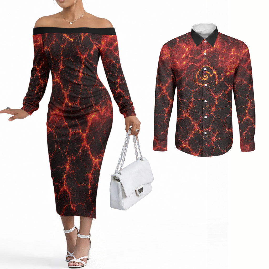 Lava Monster Costume Couples Matching Off The Shoulder Long Sleeve Dress and Long Sleeve Button Shirt Fiery Lava Spiral