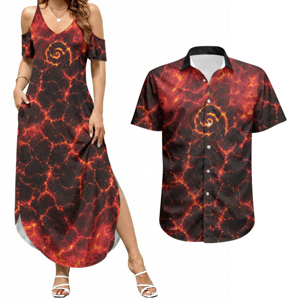 Lava Monster Costume Couples Matching Summer Maxi Dress and Hawaiian Shirt Fiery Lava Spiral