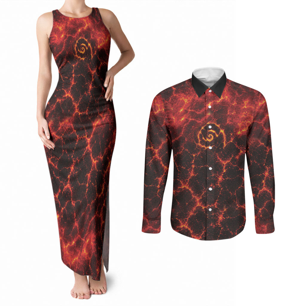 Lava Monster Costume Couples Matching Tank Maxi Dress and Long Sleeve Button Shirt Fiery Lava Spiral