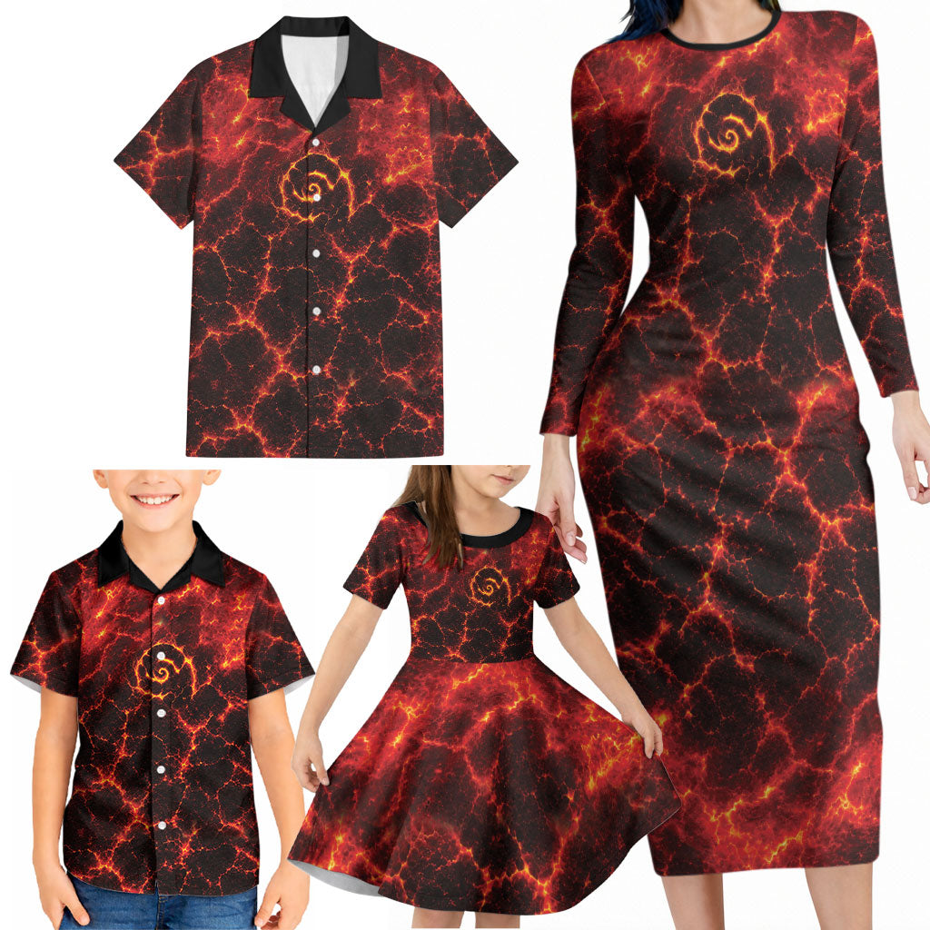 Lava Monster Costume Family Matching Long Sleeve Bodycon Dress and Hawaiian Shirt Fiery Lava Spiral