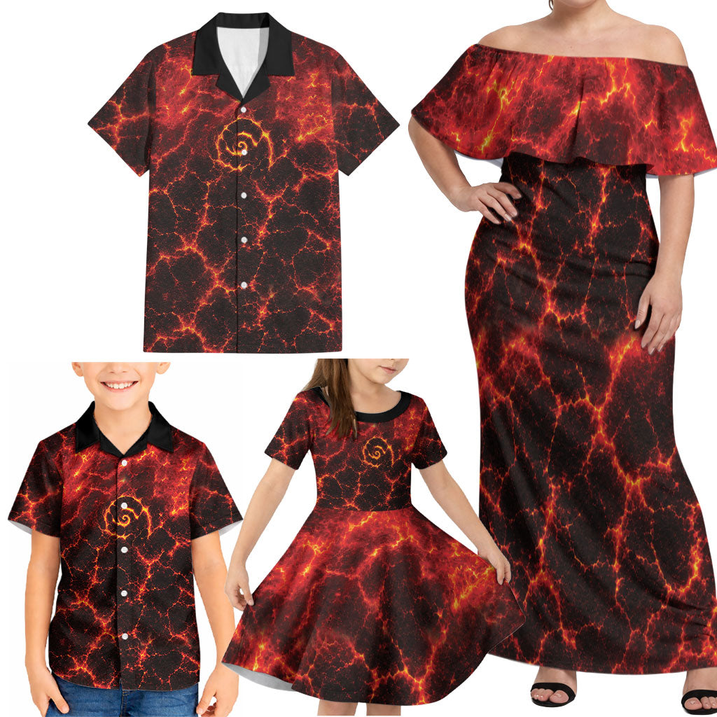 Lava Monster Costume Family Matching Off Shoulder Maxi Dress and Hawaiian Shirt Fiery Lava Spiral