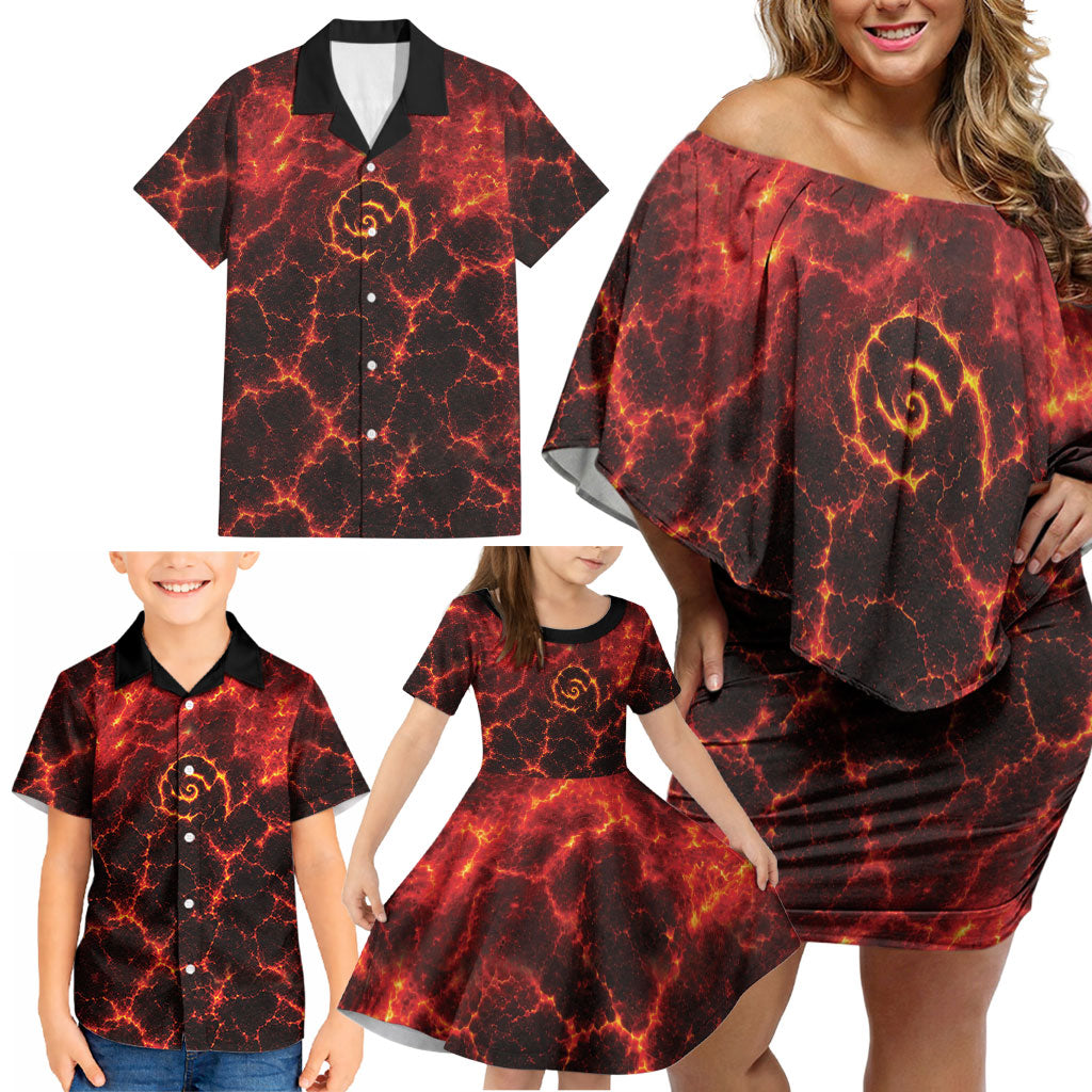 Lava Monster Costume Family Matching Off Shoulder Short Dress and Hawaiian Shirt Fiery Lava Spiral