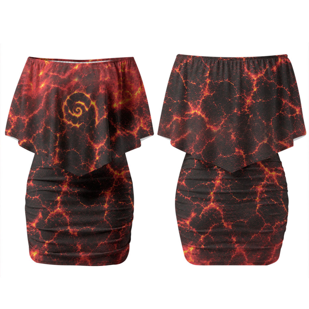 Lava Monster Costume Family Matching Off Shoulder Short Dress and Hawaiian Shirt Fiery Lava Spiral