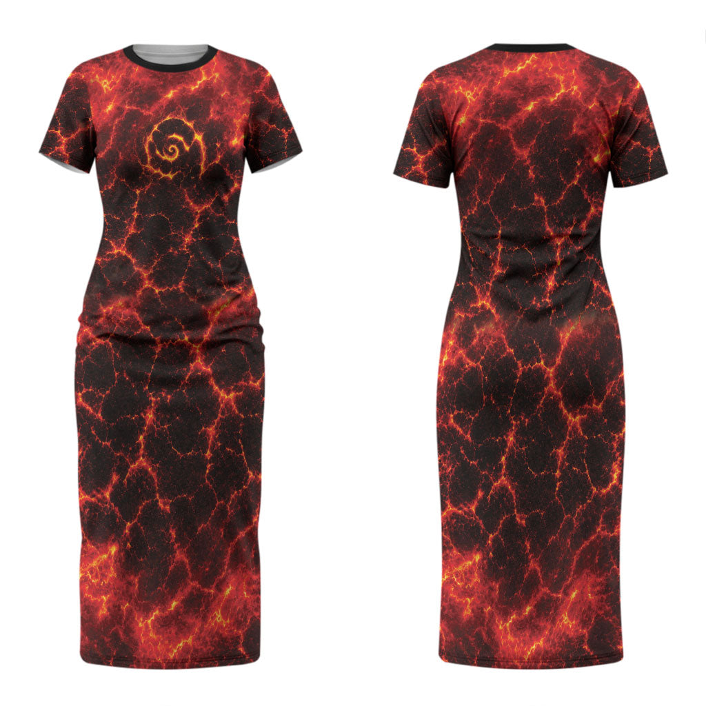 Lava Monster Costume Family Matching Short Sleeve Bodycon Dress and Hawaiian Shirt Fiery Lava Spiral