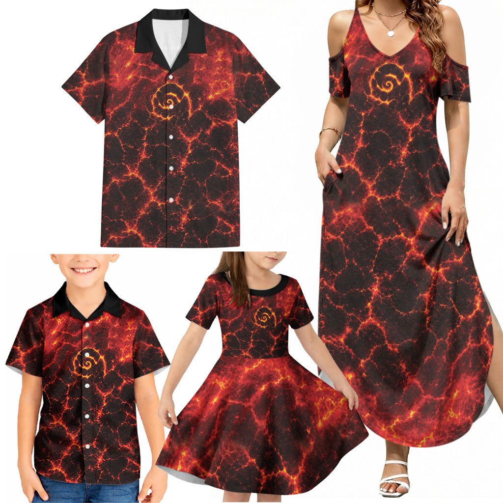 Lava Monster Costume Family Matching Summer Maxi Dress and Hawaiian Shirt Fiery Lava Spiral