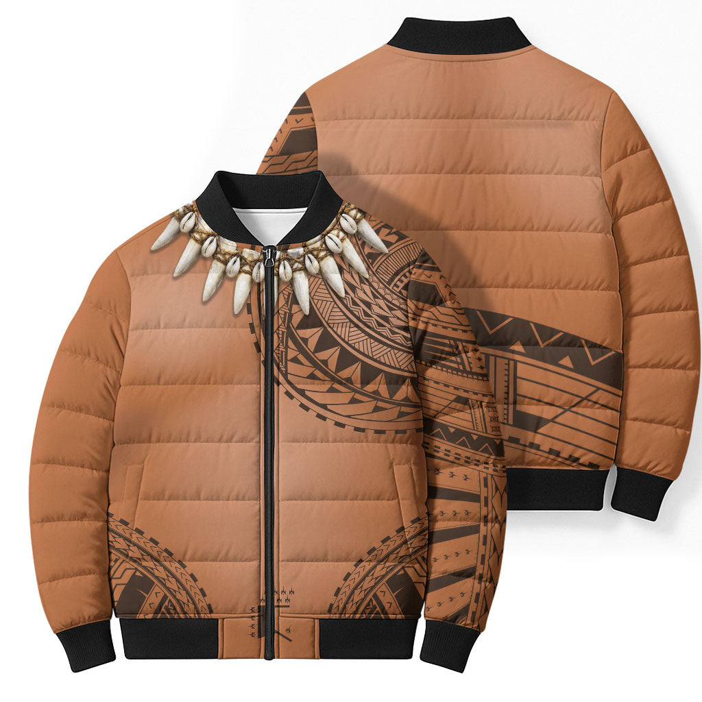 Polynesian Chief Inspired Costume Bomber Puffer Jacket Tribal Pattern With Tooth Necklace