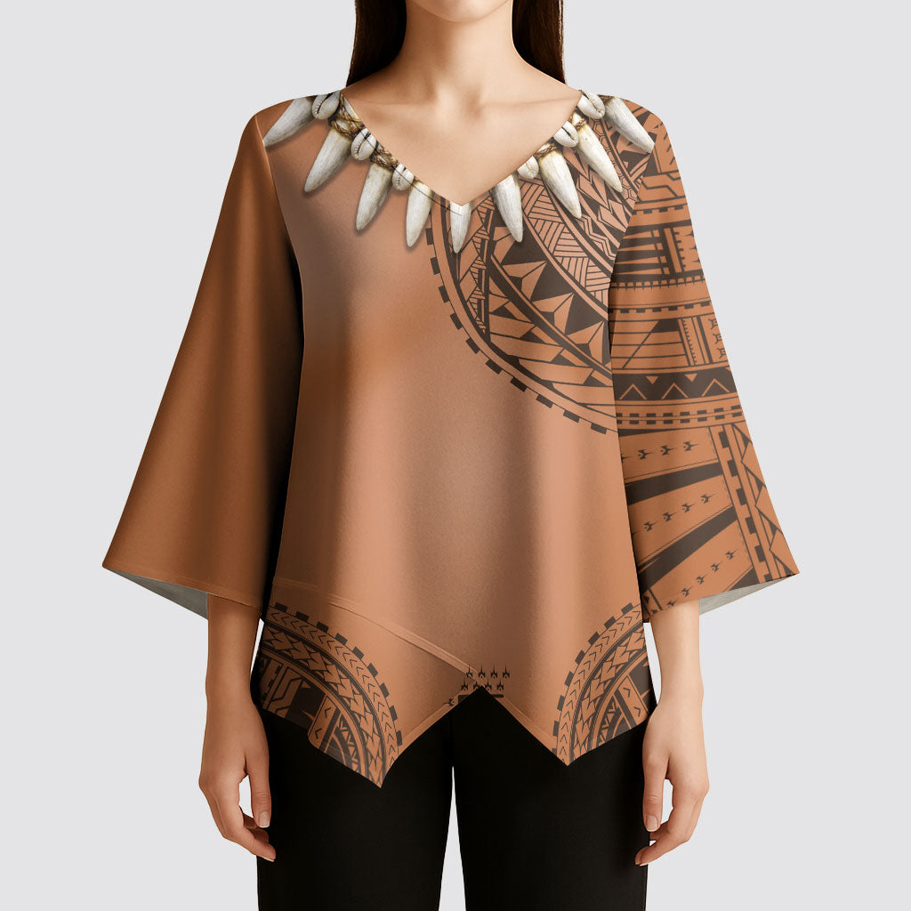 Polynesian Chief Inspired Costume Kimono Sleeve Blouse Tribal Pattern With Tooth Necklace