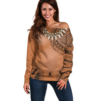 Polynesian Chief Inspired Costume Off Shoulder Sweater Tribal Pattern With Tooth Necklace
