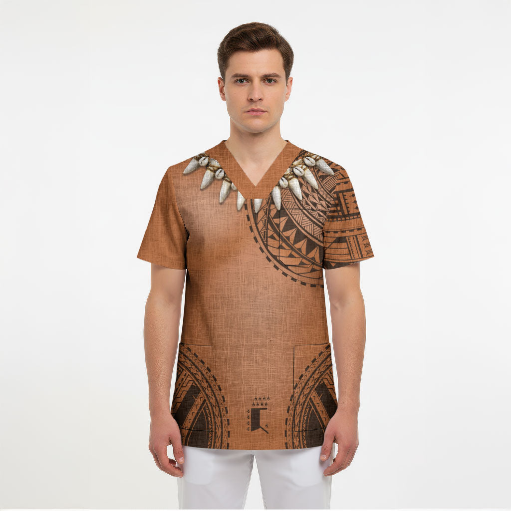 Polynesian Chief Inspired Costume Scrub Top Tribal Pattern With Tooth Necklace