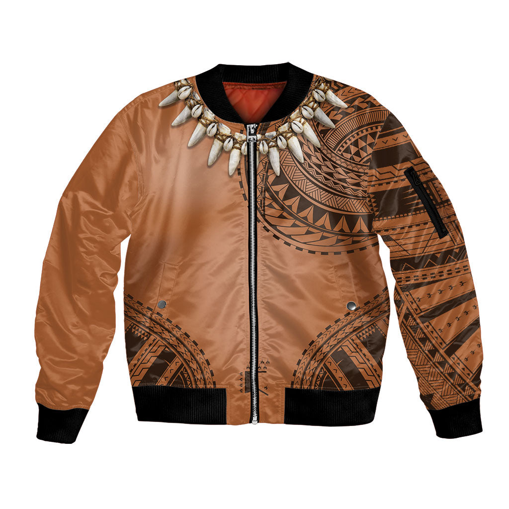 Polynesian Chief Inspired Costume Sleeve Zip Bomber Jacket Tribal Pattern With Tooth Necklace
