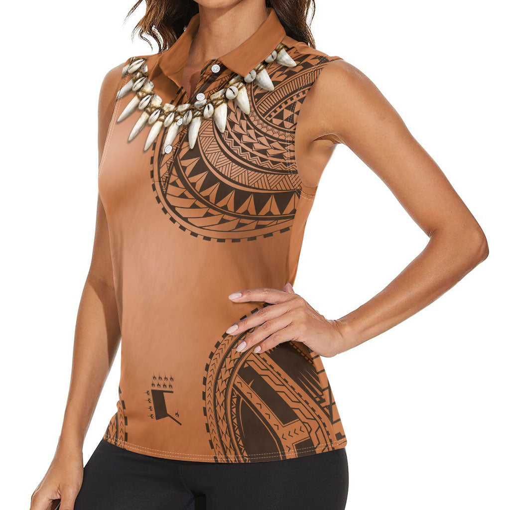 Polynesian Chief Inspired Costume Women Sleeveless Polo Shirt Tribal Pattern With Tooth Necklace