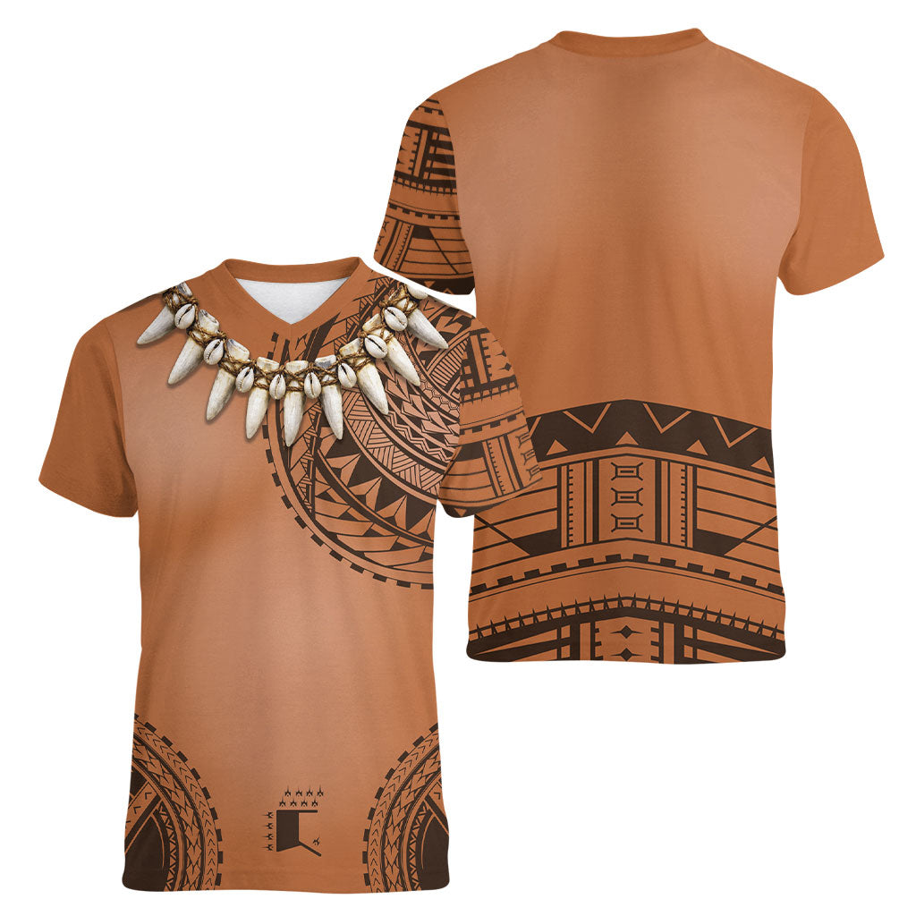 Polynesian Chief Inspired Costume Women V-Neck T-Shirt Tribal Pattern With Tooth Necklace