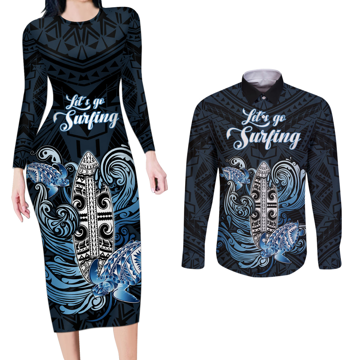 Personalised Polynesia Go Surfing Couples Matching Long Sleeve Bodycon Dress and Long Sleeve Button Shirt The Pacific Wave Of Water LT05 Blue - Polynesian Pride