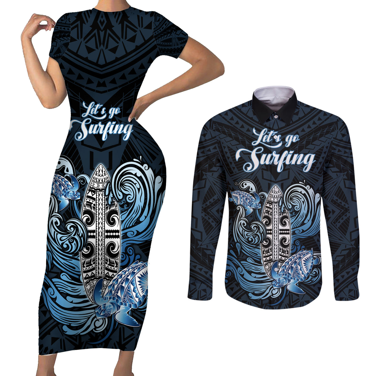 Personalised Polynesia Go Surfing Couples Matching Short Sleeve Bodycon Dress and Long Sleeve Button Shirt The Pacific Wave Of Water LT05 Blue - Polynesian Pride