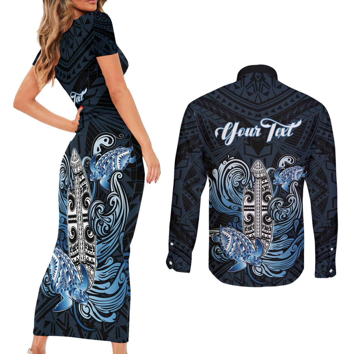 Personalised Polynesia Go Surfing Couples Matching Short Sleeve Bodycon Dress and Long Sleeve Button Shirt The Pacific Wave Of Water LT05 - Polynesian Pride