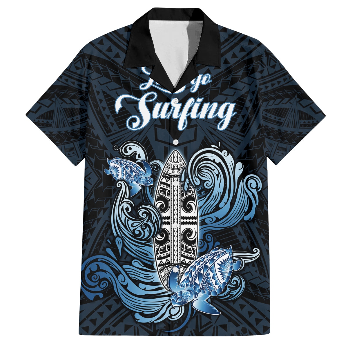 Personalised Polynesia Go Surfing Family Matching Long Sleeve Bodycon Dress and Hawaiian Shirt The Pacific Wave Of Water LT05 Dad's Shirt - Short Sleeve Blue - Polynesian Pride
