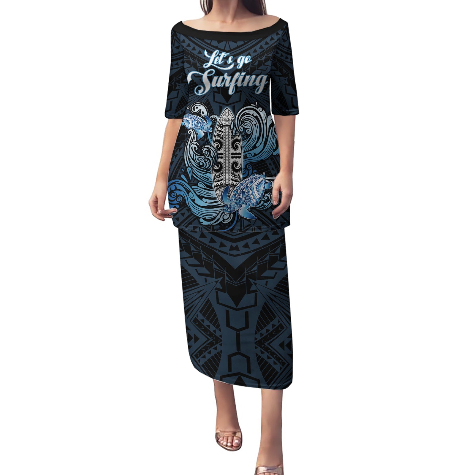 Personalised Polynesia Go Surfing Puletasi The Pacific Wave Of Water LT05 Long Dress Blue - Polynesian Pride