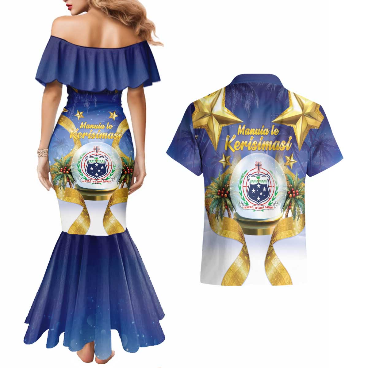 Samoa Christmas Couples Matching Mermaid Dress and Hawaiian Shirt Snow Globe With Samoan Santa - Polynesian Pride