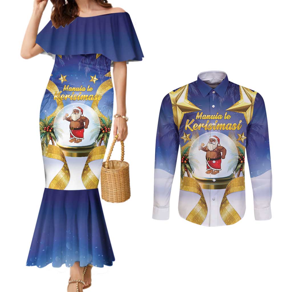 Samoa Christmas Couples Matching Mermaid Dress and Long Sleeve Button Shirt Snow Globe With Samoan Santa - Polynesian Pride