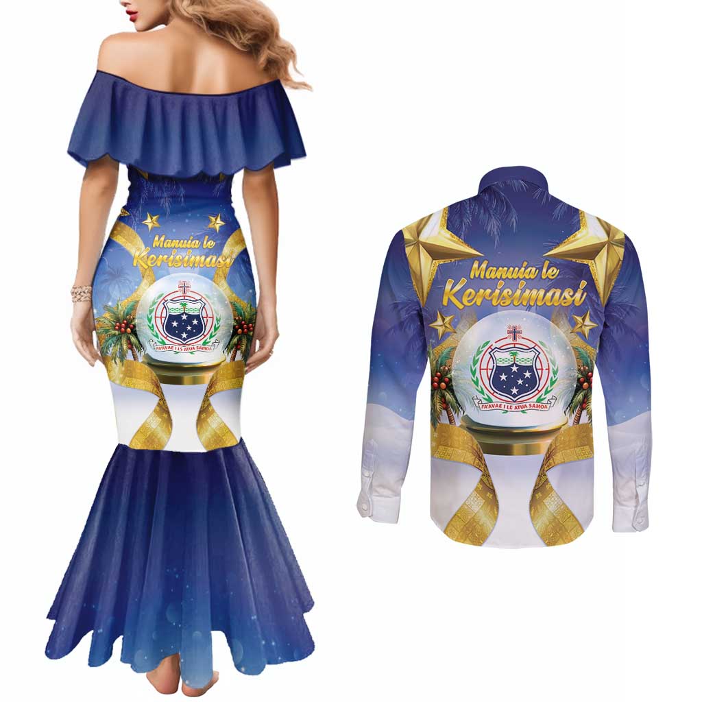 Samoa Christmas Couples Matching Mermaid Dress and Long Sleeve Button Shirt Snow Globe With Samoan Santa - Polynesian Pride