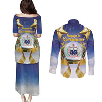 Samoa Christmas Couples Matching Puletasi and Long Sleeve Button Shirt Snow Globe With Samoan Santa - Polynesian Pride