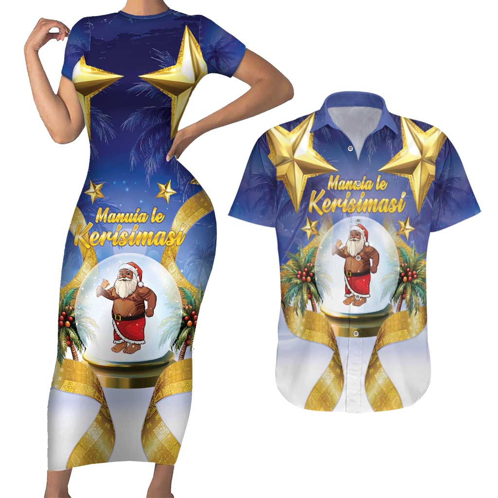 Samoa Christmas Couples Matching Short Sleeve Bodycon Dress and Hawaiian Shirt Snow Globe With Samoan Santa - Polynesian Pride