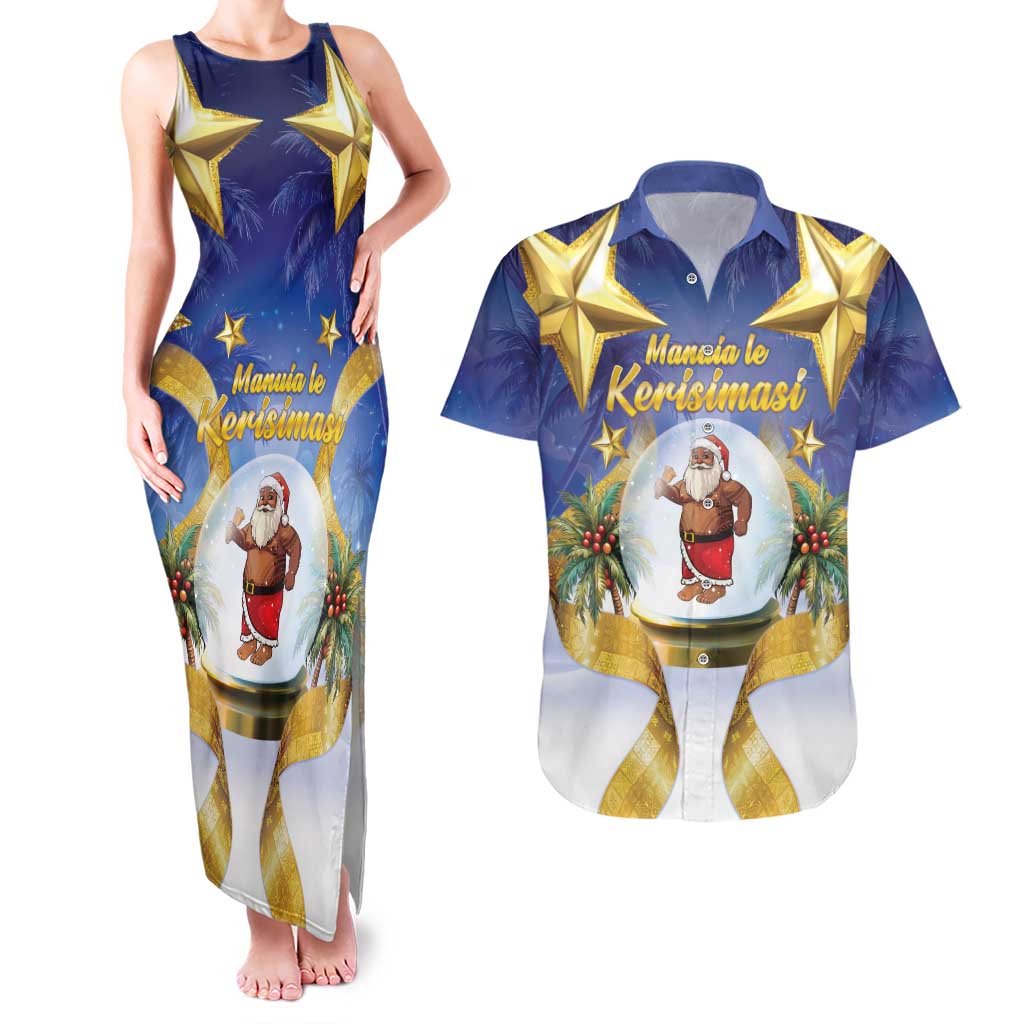 Samoa Christmas Couples Matching Tank Maxi Dress and Hawaiian Shirt Snow Globe With Samoan Santa - Polynesian Pride