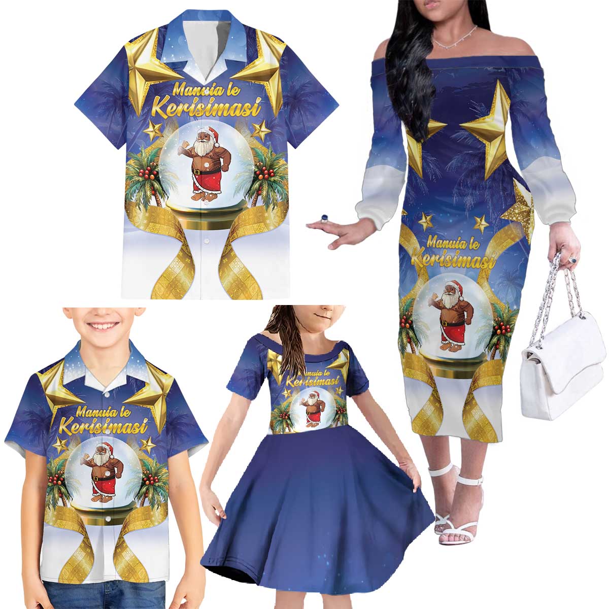 Samoa Christmas Family Matching Off The Shoulder Long Sleeve Dress and Hawaiian Shirt Snow Globe With Samoan Santa - Polynesian Pride