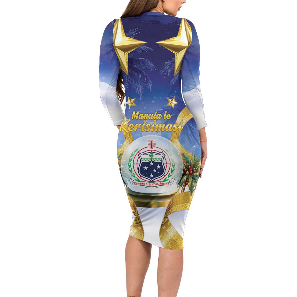 Samoa Christmas Long Sleeve Bodycon Dress Snow Globe With Samoan Santa - Polynesian Pride