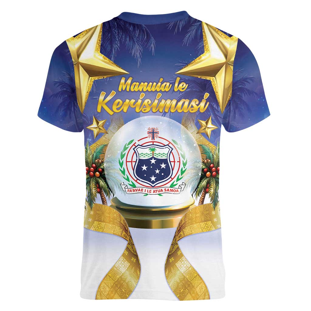 Samoa Christmas Women V-Neck T-Shirt Snow Globe With Samoan Santa - Polynesian Pride