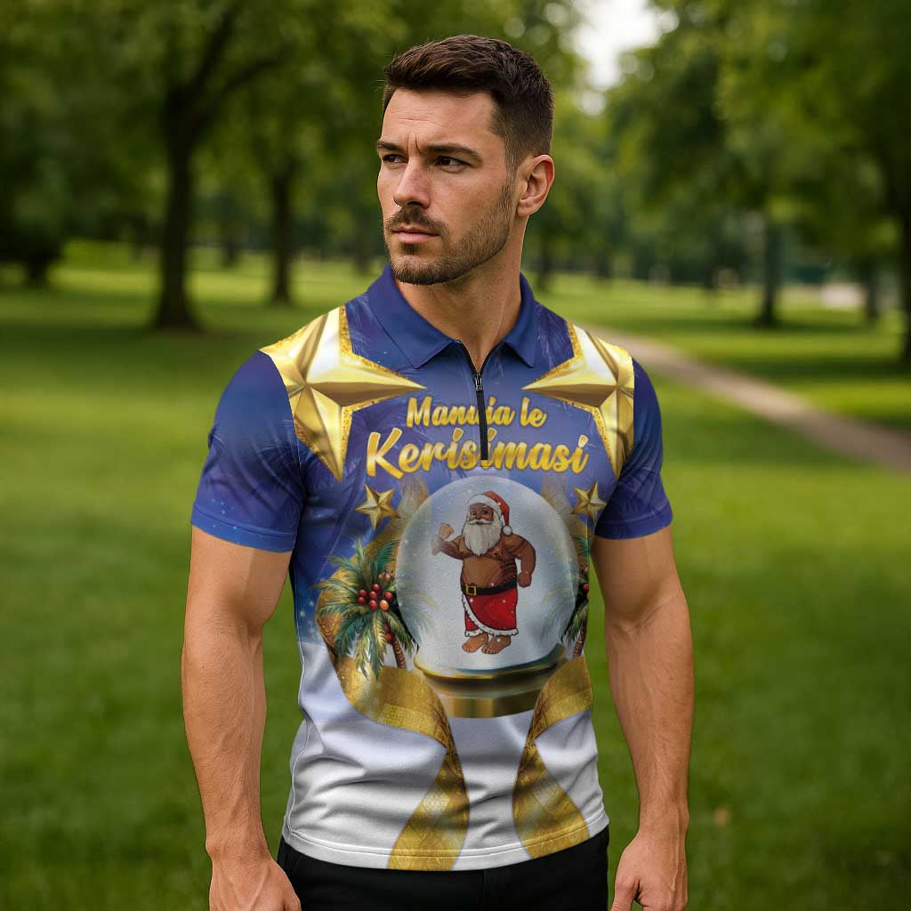 Samoa Christmas Zipper Polo Shirt Snow Globe With Samoan Santa - Polynesian Pride