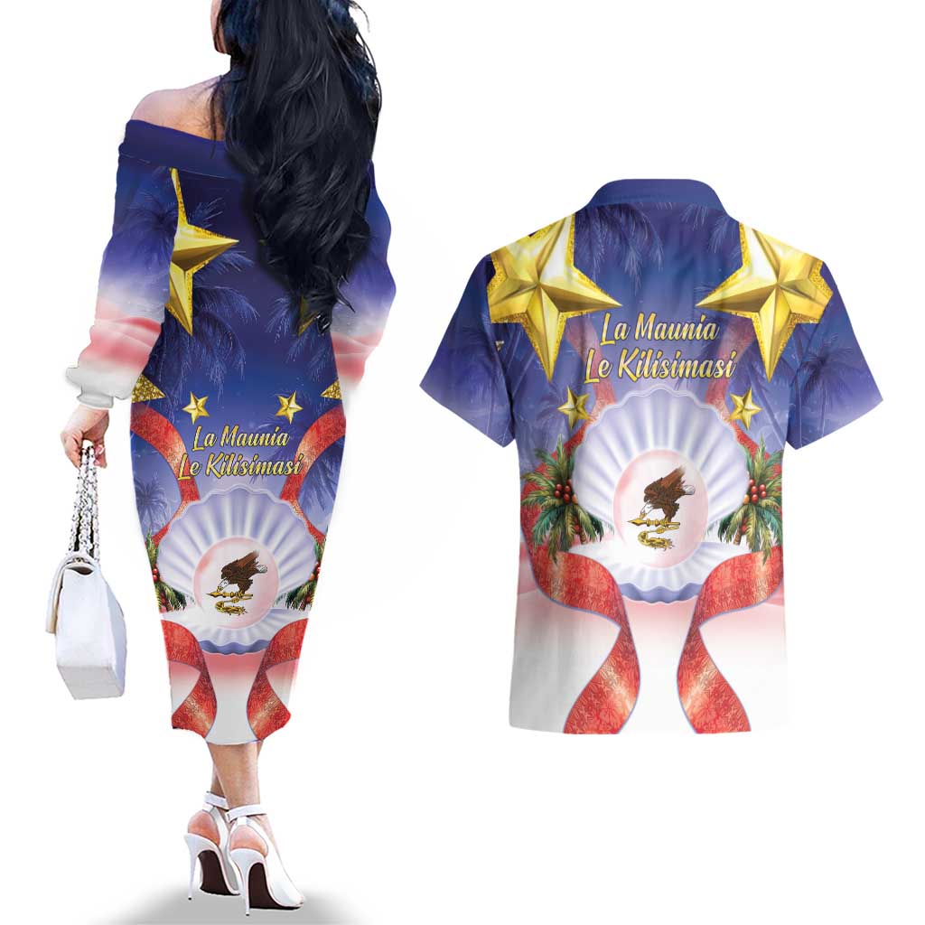 American Samoa Christmas Couples Matching Off The Shoulder Long Sleeve Dress and Hawaiian Shirt Seashell Santa Beach Vibes - Polynesian Pride