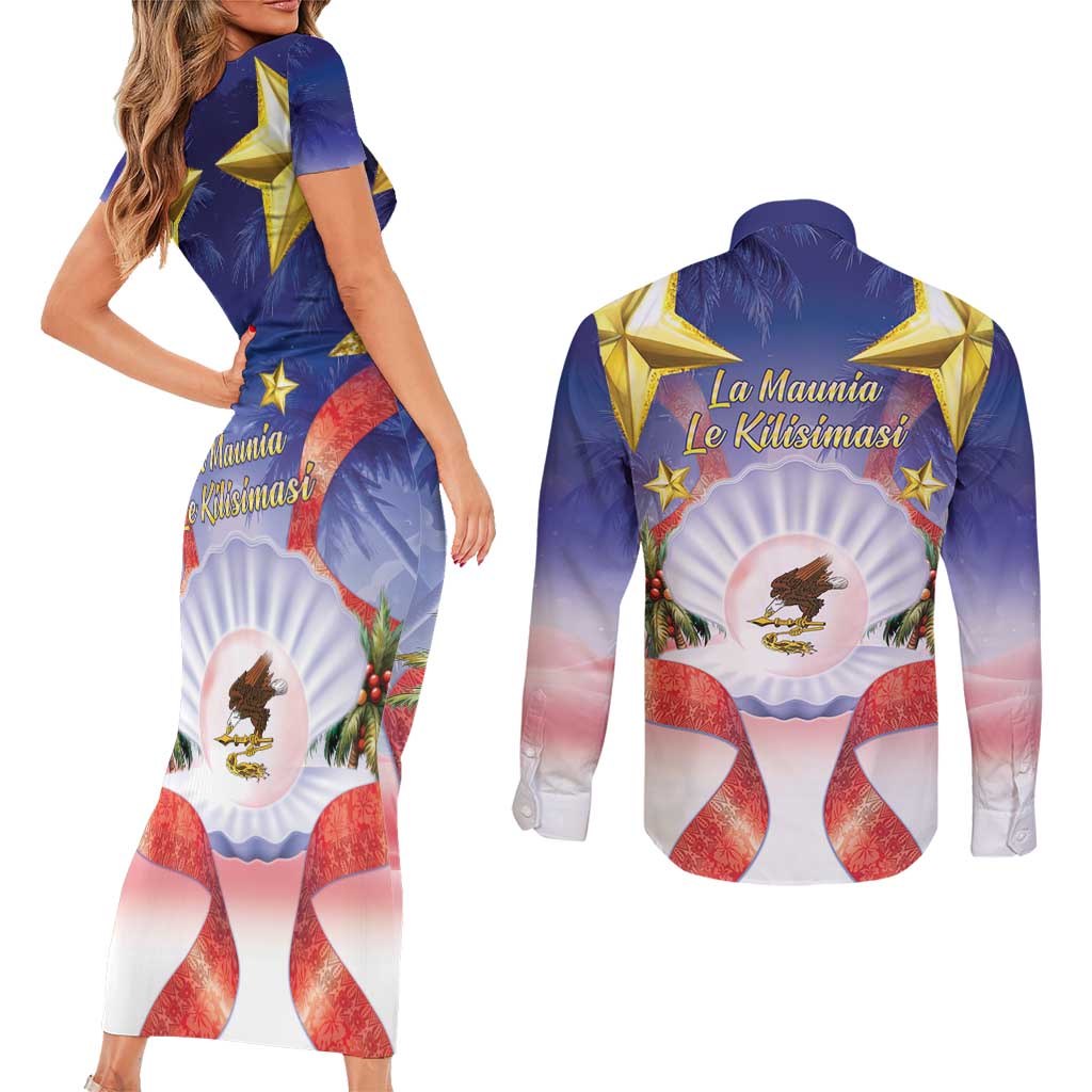 American Samoa Christmas Couples Matching Short Sleeve Bodycon Dress and Long Sleeve Button Shirt Seashell Santa Beach Vibes - Polynesian Pride