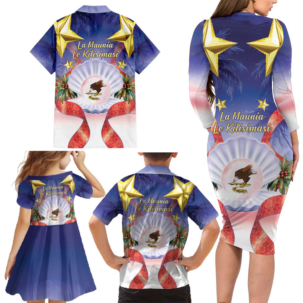 American Samoa Christmas Family Matching Long Sleeve Bodycon Dress and Hawaiian Shirt Seashell Santa Beach Vibes - Polynesian Pride