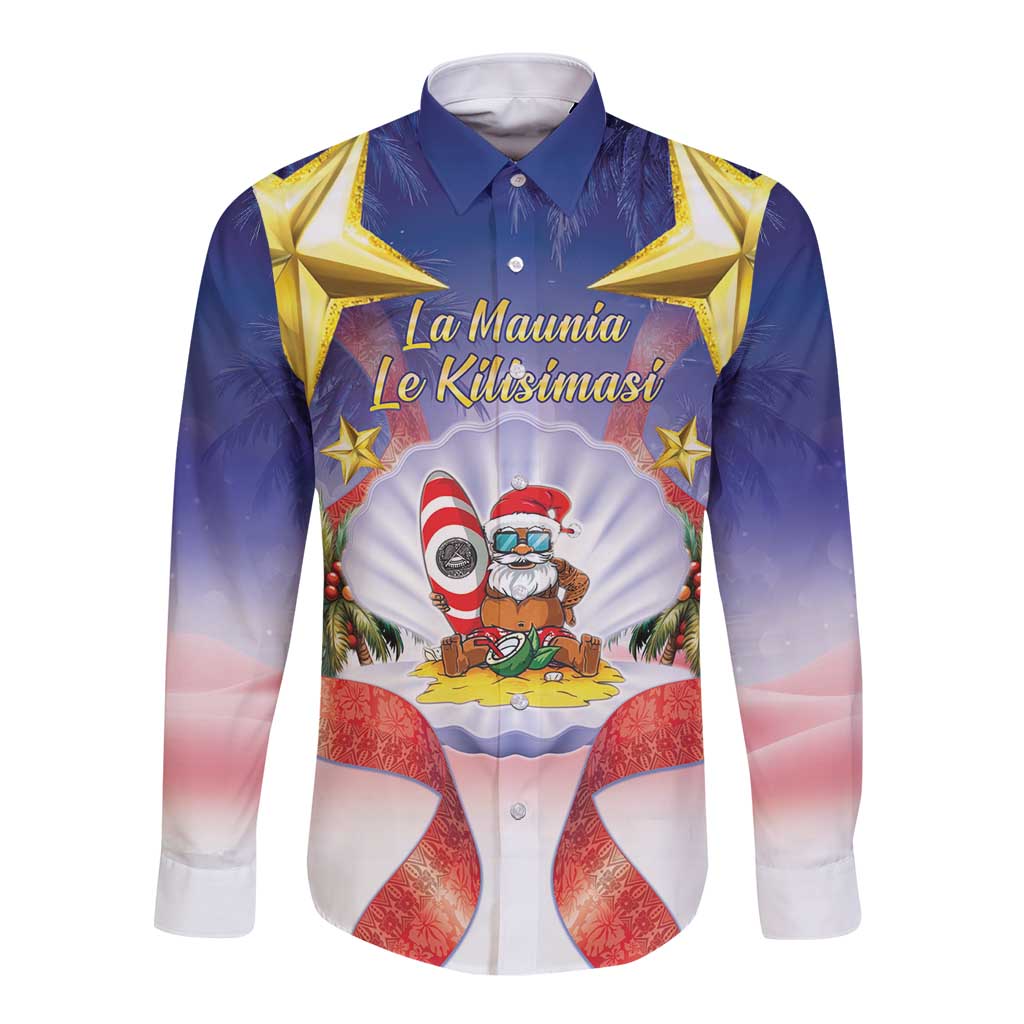 American Samoa Christmas Long Sleeve Button Shirt Seashell Santa Beach Vibes - Polynesian Pride