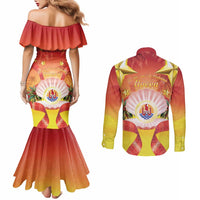 French Polynesia Christmas Couples Matching Mermaid Dress and Long Sleeve Button Shirt Seashell Santa Beach Vibes - Polynesian Pride