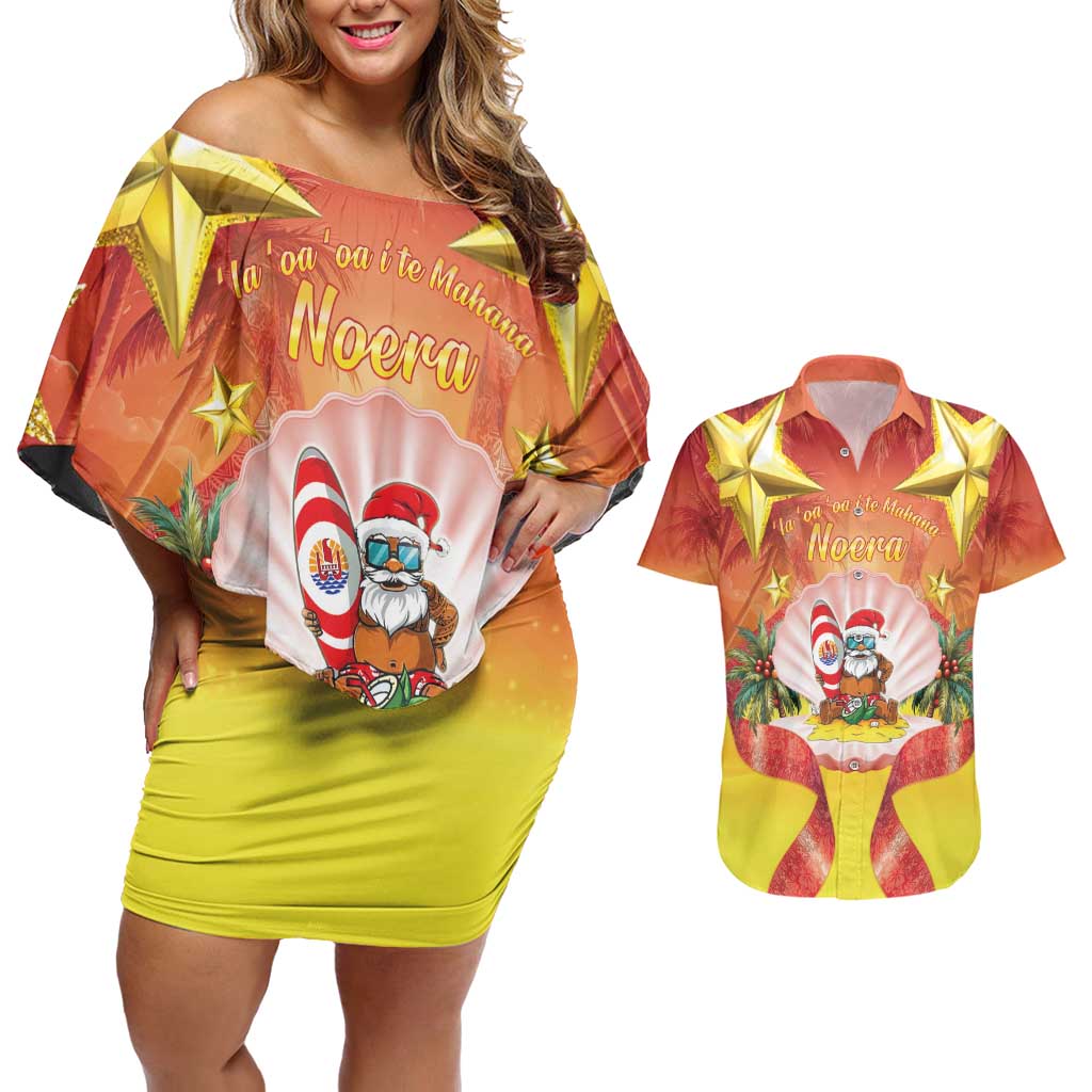French Polynesia Christmas Couples Matching Off Shoulder Short Dress and Hawaiian Shirt Seashell Santa Beach Vibes - Polynesian Pride