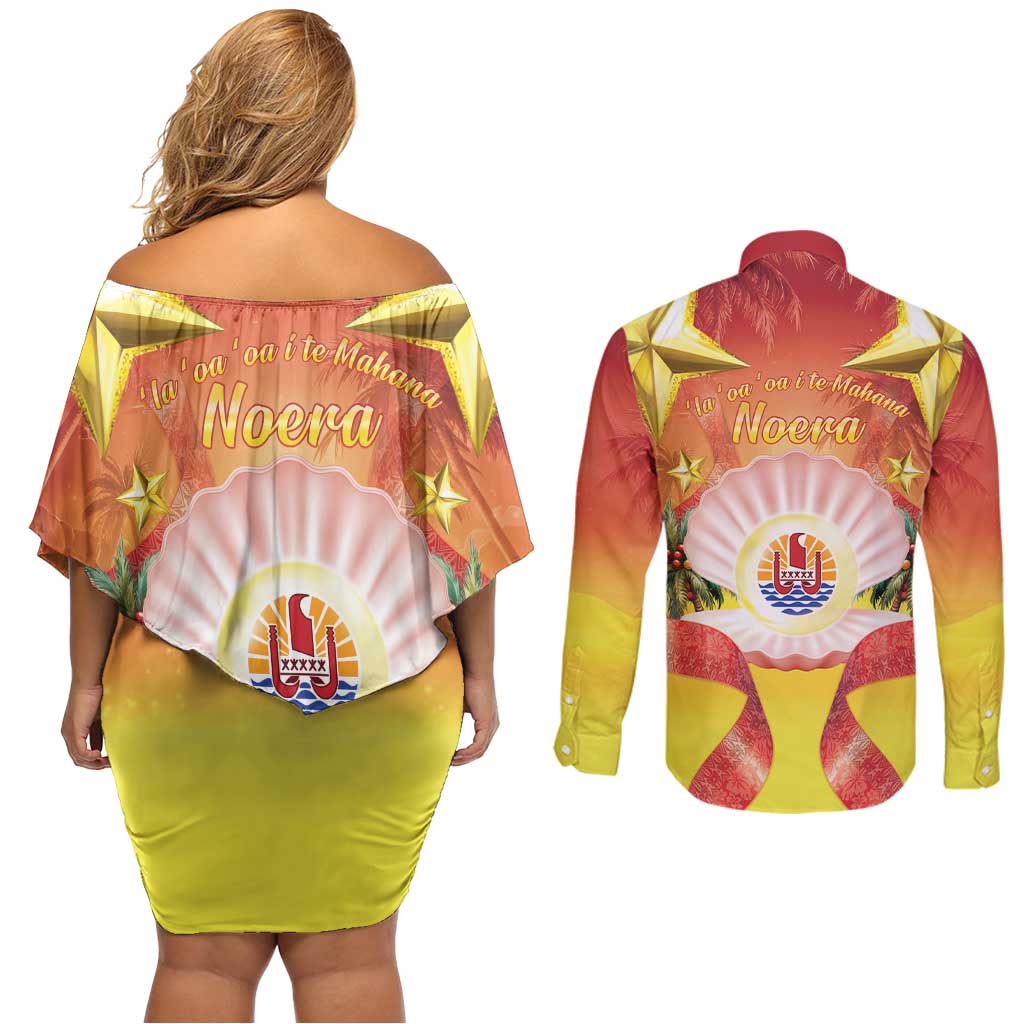 French Polynesia Christmas Couples Matching Off Shoulder Short Dress and Long Sleeve Button Shirt Seashell Santa Beach Vibes - Polynesian Pride