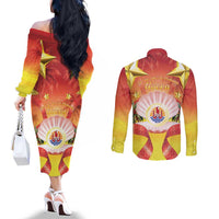 French Polynesia Christmas Couples Matching Off The Shoulder Long Sleeve Dress and Long Sleeve Button Shirt Seashell Santa Beach Vibes - Polynesian Pride