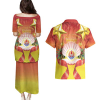 French Polynesia Christmas Couples Matching Puletasi and Hawaiian Shirt Seashell Santa Beach Vibes - Polynesian Pride