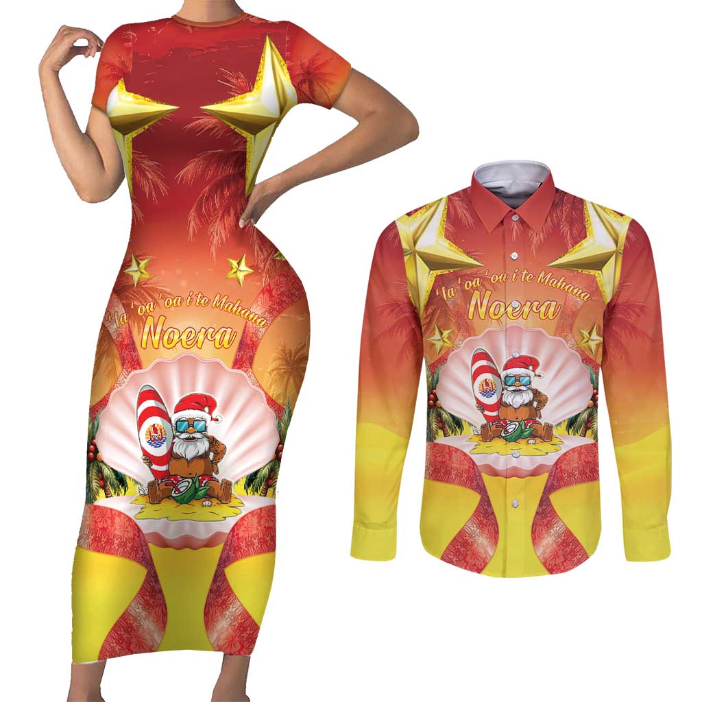 French Polynesia Christmas Couples Matching Short Sleeve Bodycon Dress and Long Sleeve Button Shirt Seashell Santa Beach Vibes - Polynesian Pride