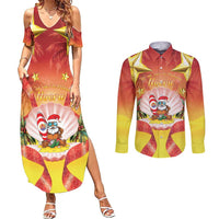 French Polynesia Christmas Couples Matching Summer Maxi Dress and Long Sleeve Button Shirt Seashell Santa Beach Vibes - Polynesian Pride