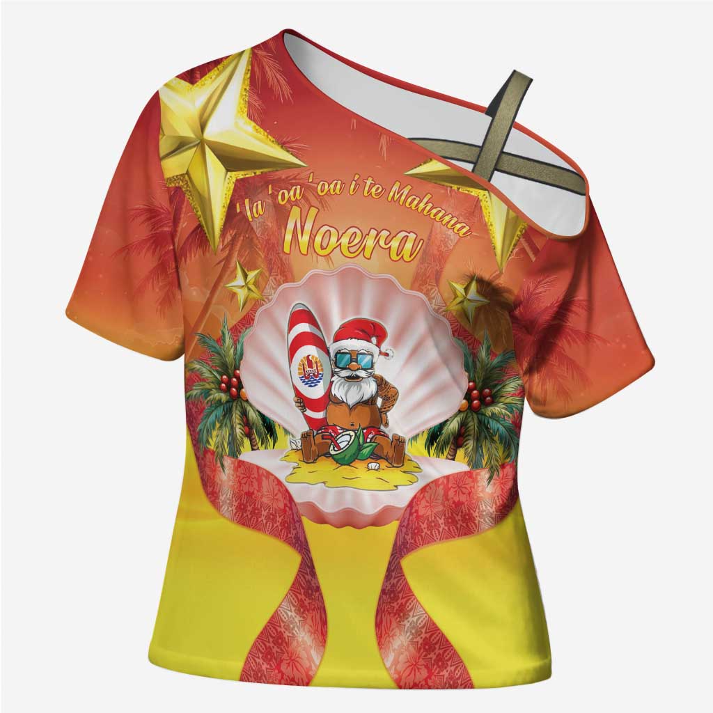 French Polynesia Christmas Cross Shoulder Shirt Seashell Santa Beach Vibes - Polynesian Pride