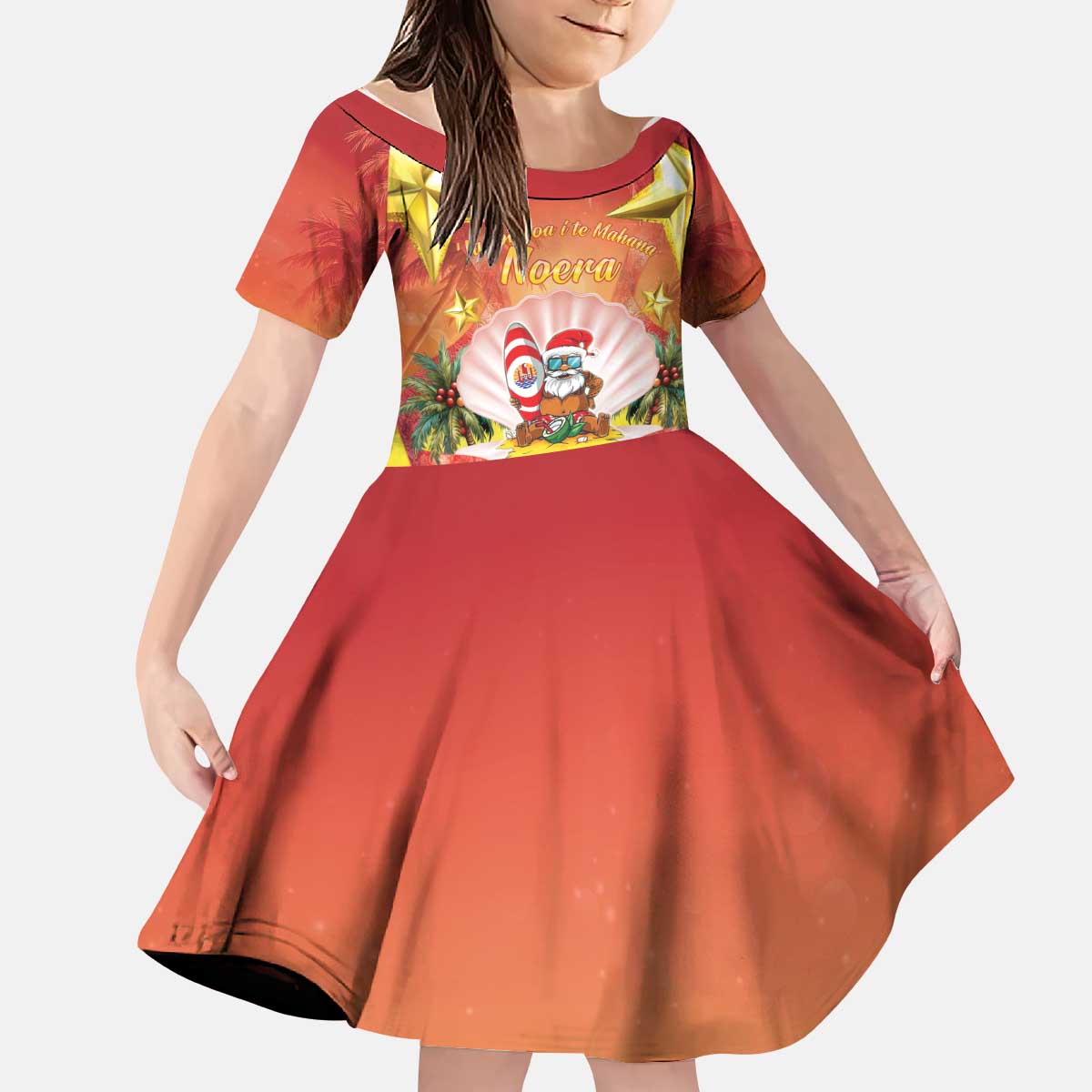 French Polynesia Christmas Kid Short Sleeve Dress Seashell Santa Beach Vibes - Polynesian Pride