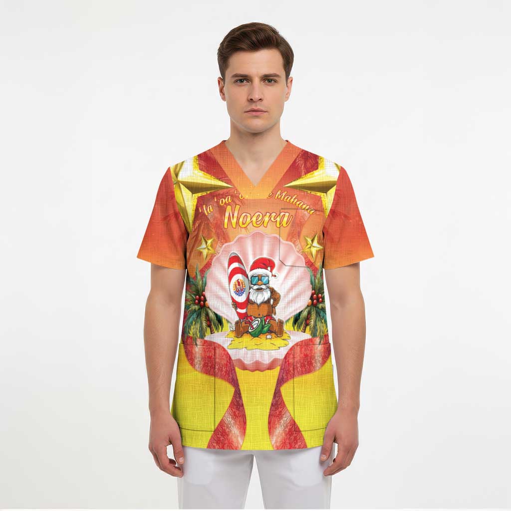 French Polynesia Christmas Scrub Top Seashell Santa Beach Vibes - Polynesian Pride