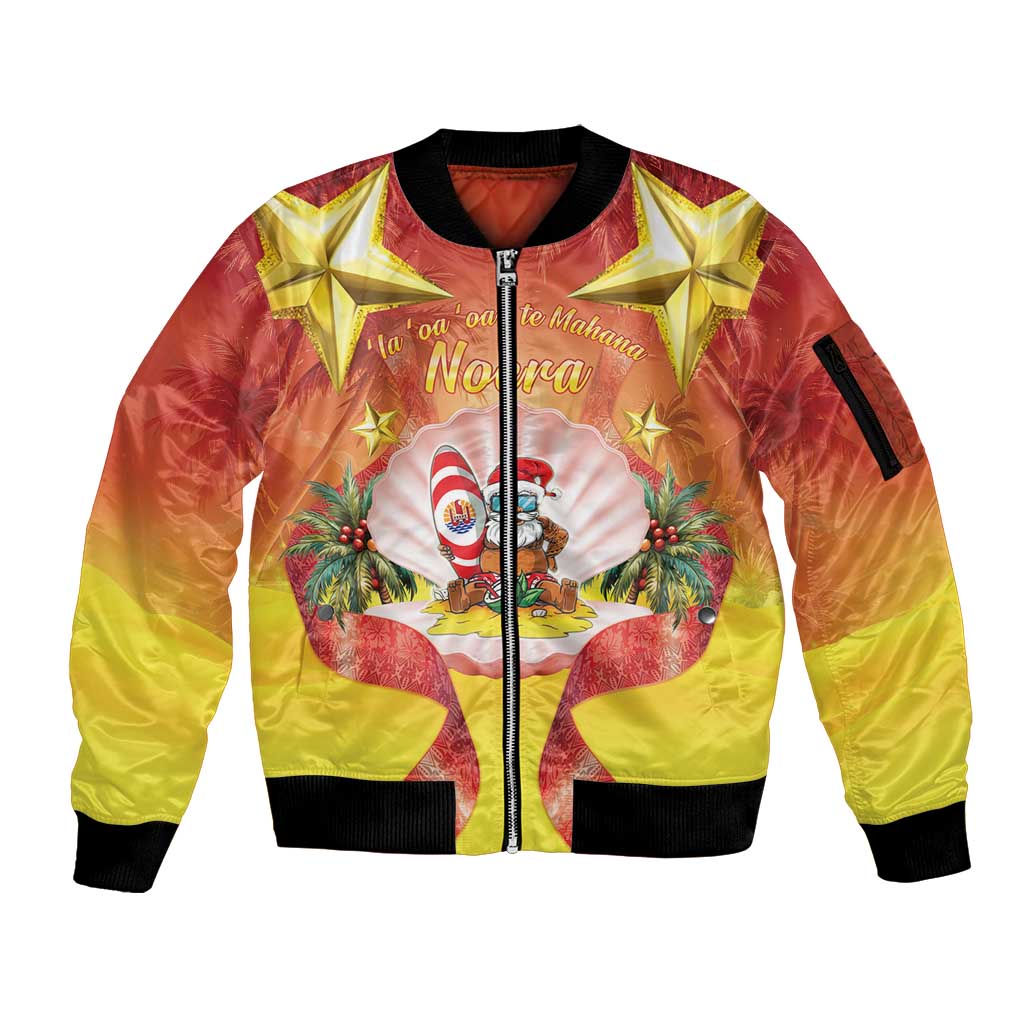 French Polynesia Christmas Sleeve Zip Bomber Jacket Seashell Santa Beach Vibes - Polynesian Pride